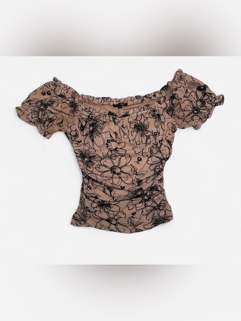 Papermoon Off-Shoulder Floral Ruched Top - Beige with Black Print
